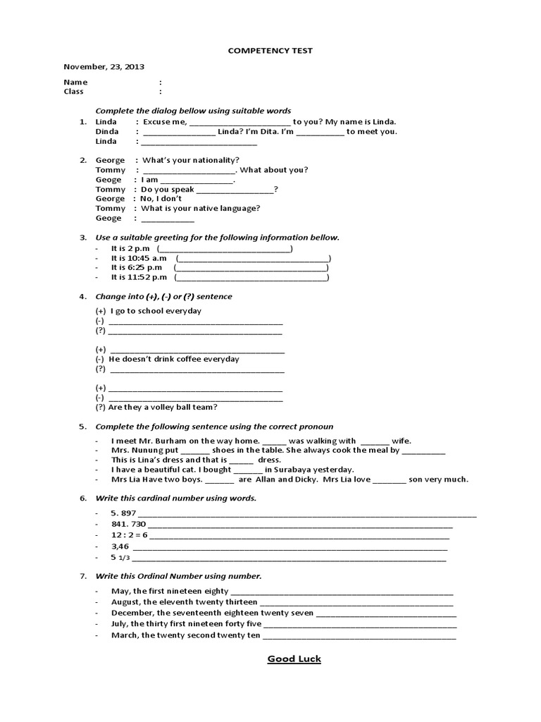 Complete The Dialog Bellow Using Suitable Words: Competency Test | PDF ...