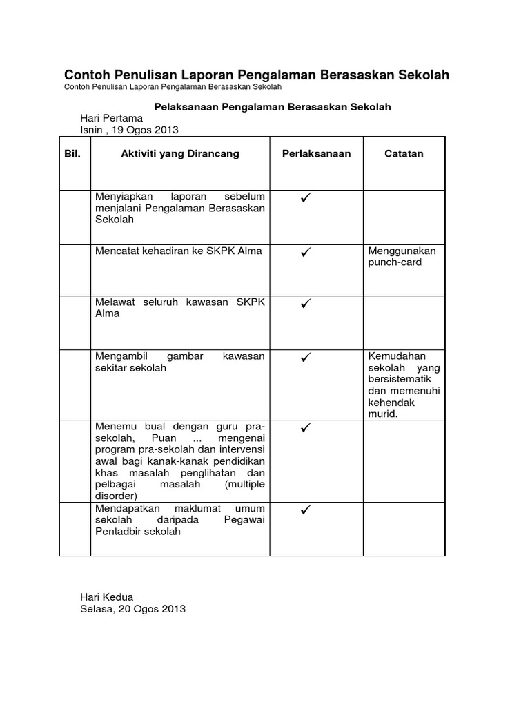 Contoh Penulisan Laporan Pengalaman Berasaskan Sekolah