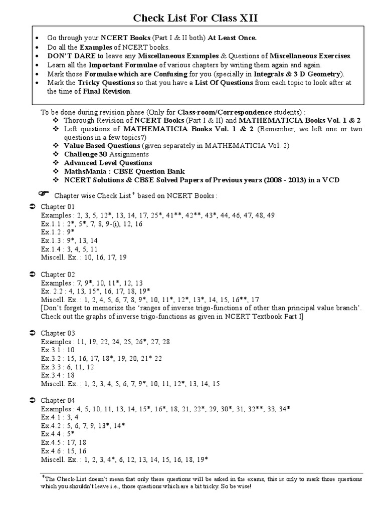 Class XII Math Exam Preparation Checklist | PDF | Cognition | Teaching ...