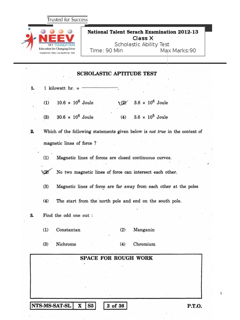STD X NTSE (201213) Stage 1 SAT Test Paper With Answer Key Tests