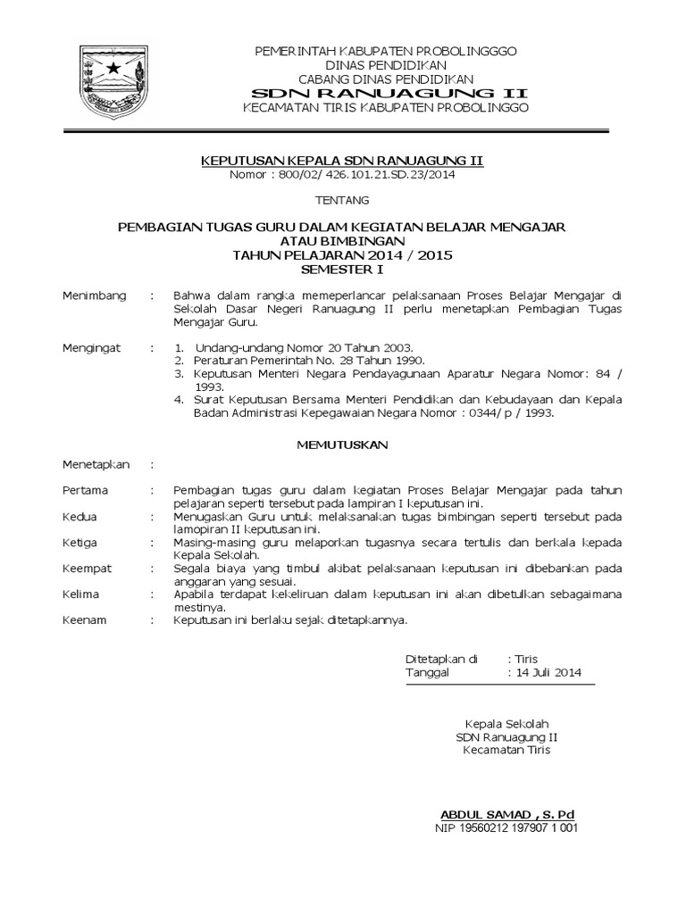 Surat Pembagian Tugas Mengajar 20142015  PDF