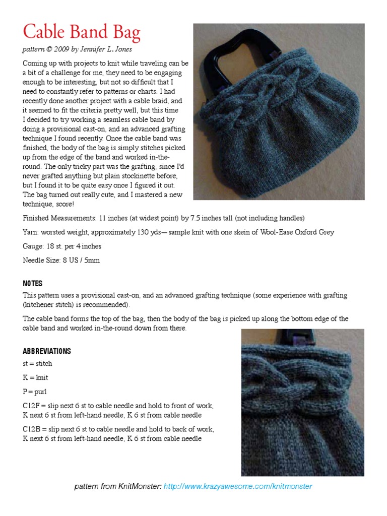 Cable Band Bag: Pattern © 2009 by Jennifer L. Jones | PDF | Basic ...