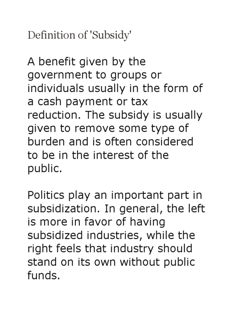 Definition n Effect of trade subsidies Subsidy Economics