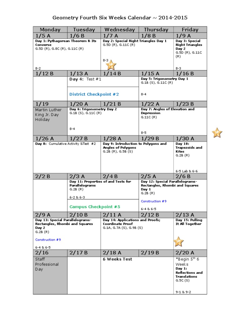 Geometry 2014-2015 Six Weeks Calendar | PDF