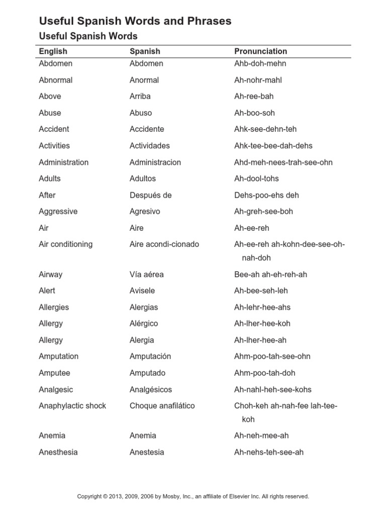 Useful Spanish Words and Phrases PDF Diseases And Disorders Medicine