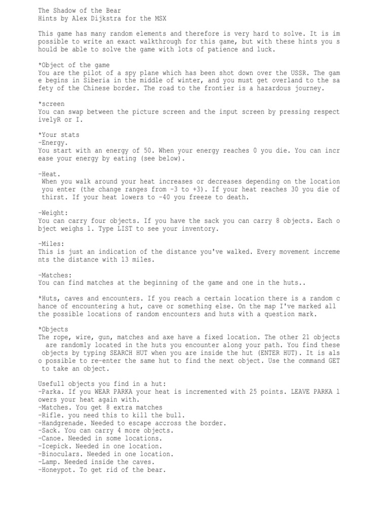 Hints for The Shadow of the Bear Game | PDF | Leisure | Violence