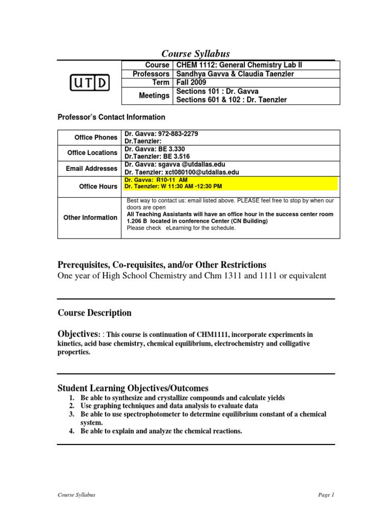 UT Dallas Syllabus For Chem1112.101.09f Taught by Sandhya Gavva (Sgavva ...