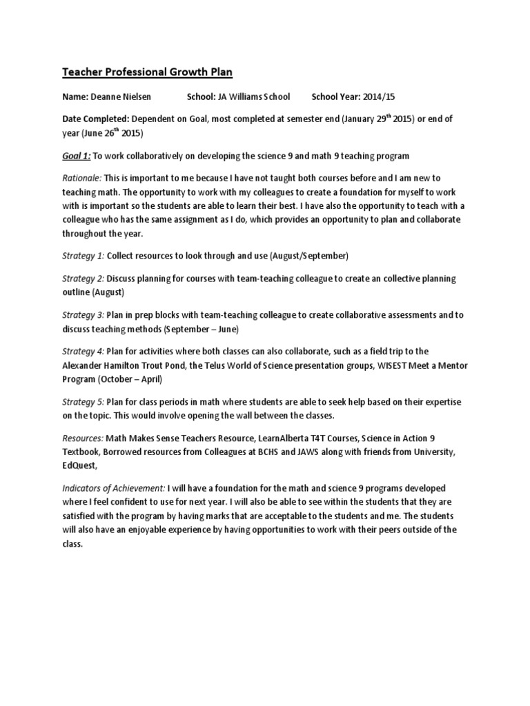 Teacher Professional Growth Plan Educational Assessment Teachers
