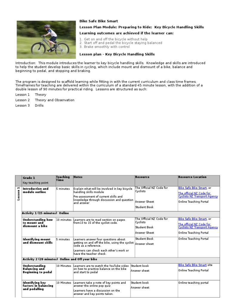 lesson planning key bicycle handling skills Lesson Plan Land Transport
