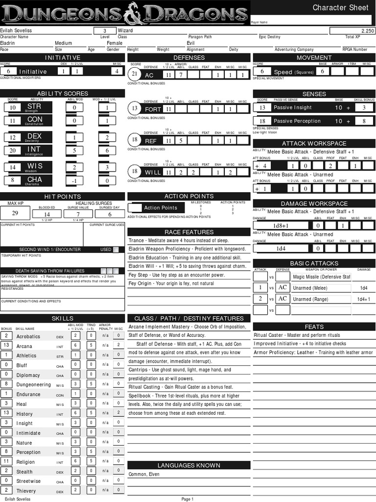 Download D&D 4E Character Sheet.pdf | D20 System | Fantasy Role Playing Games
