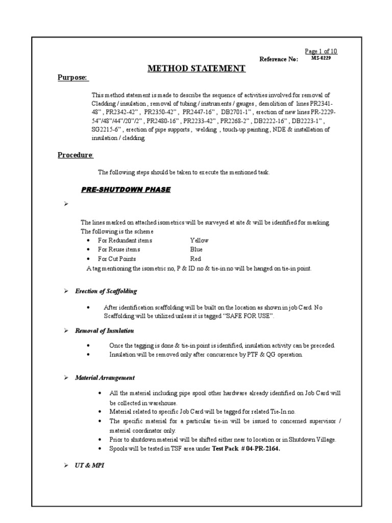 001Sample Method Statement Piping Shutdown Plumbing Gas Technologies