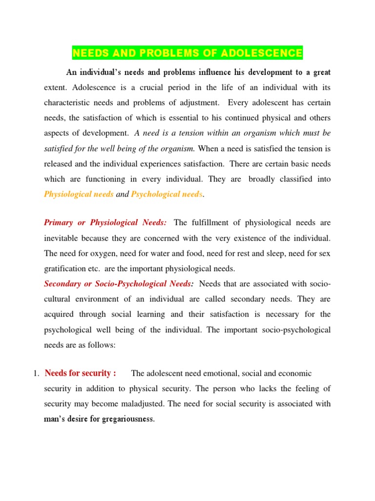 Needs and Problems of Adolescence | PDF | Adolescence | Id
