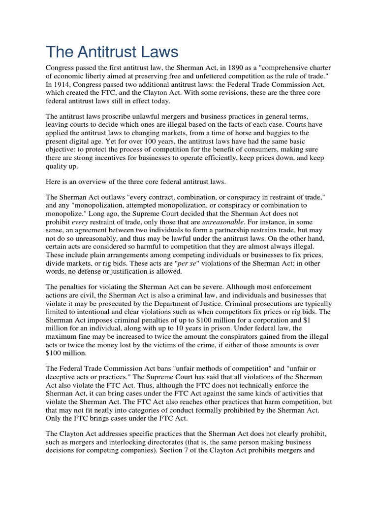 The Antitrust Laws Sherman Antitrust Act Competition Law