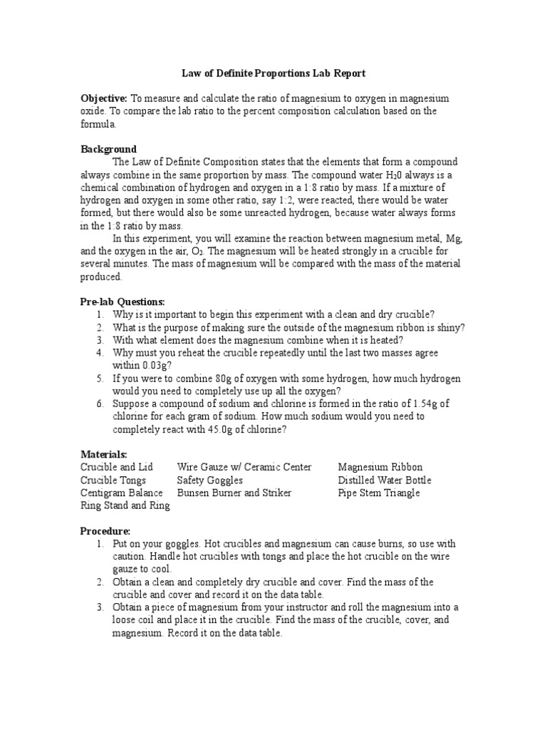 Law of Definite Proportions Lab Report | PDF | Magnesium | Oxide