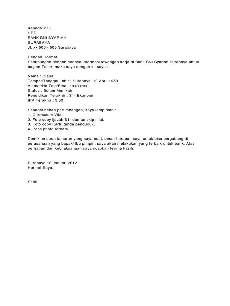 Contoh Surat Lamaran Kerja Di Bank Bni Syariah - Berbagi ...