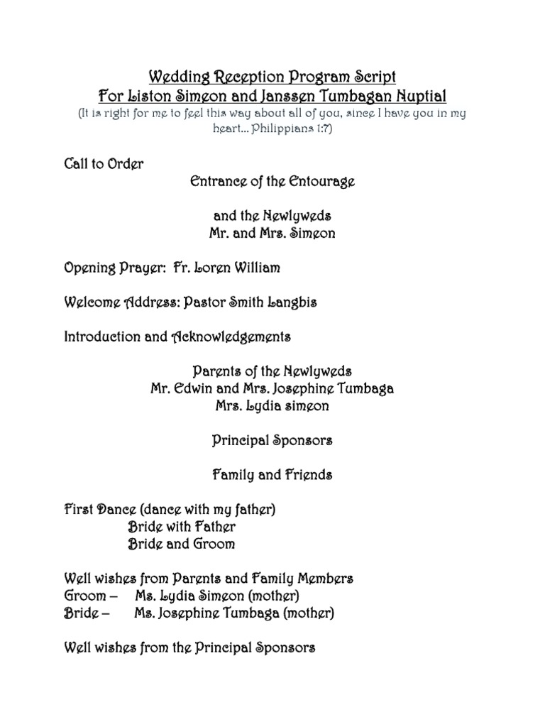 Wedding Reception Program Script For Liston Simeon and Janssen Tumbagan ...