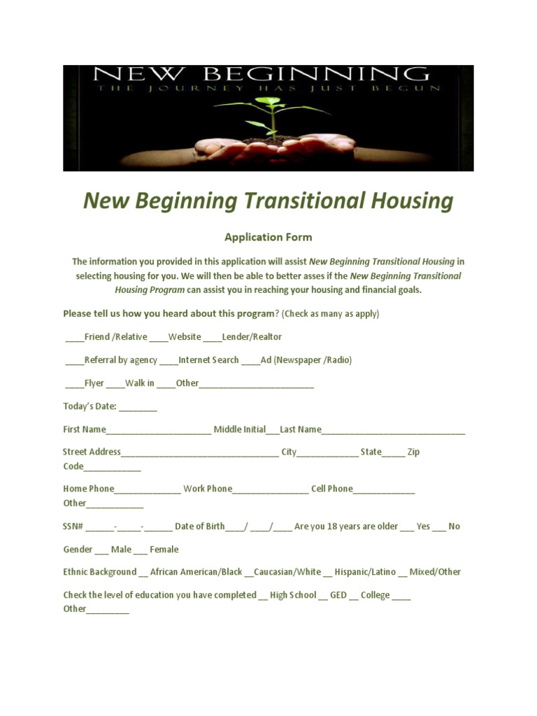 New Beginning Transitional Housing Application | PDF | Race And ...