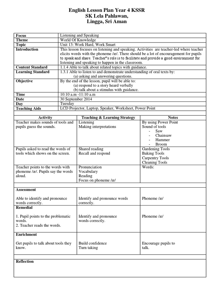 English Lesson Plan Year 4 KSSR SK Lela Pahlawan, Lingga, Sri Aman | PDF