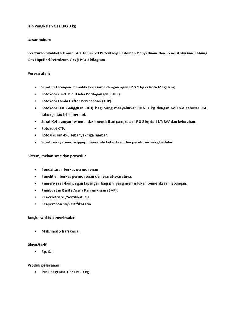 Izin Pangkalan Gas LPG 3 Kg