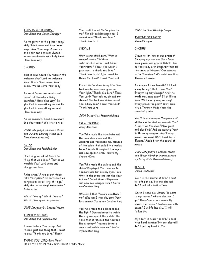 Don Moen Lyrics Thank You Lord Pdf Lamb Of God Jesus