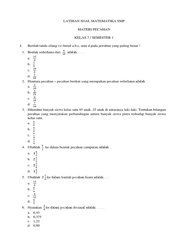 2 Latihan Soal Matematika Pecahan Smp Terbaru Docx