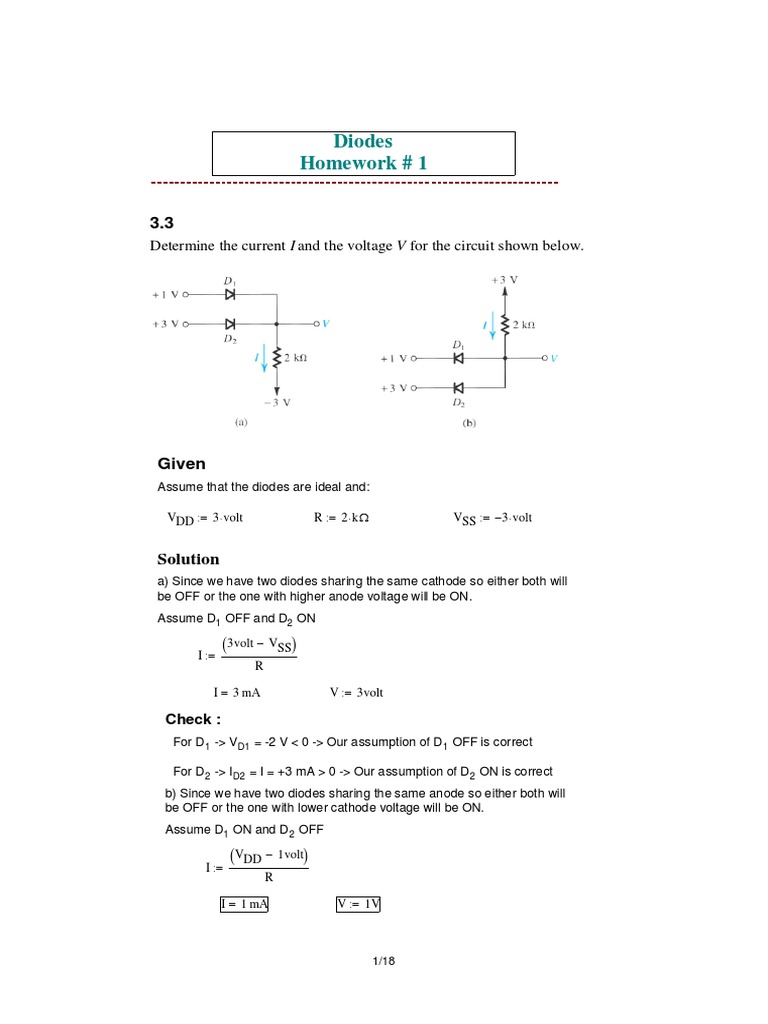 Diodes Homework # 1: Determine The Current I and The Voltage V For The ...