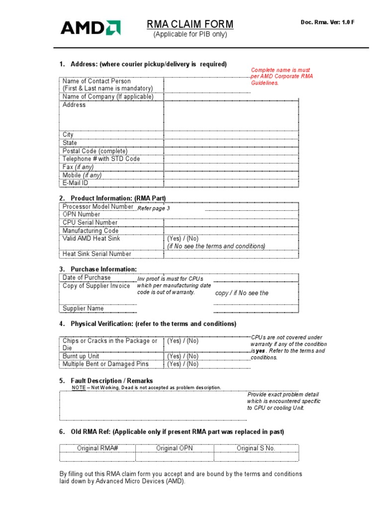 Rma Claim Form: (Applicable For PIB Only) | PDF | Digital Electronics ...