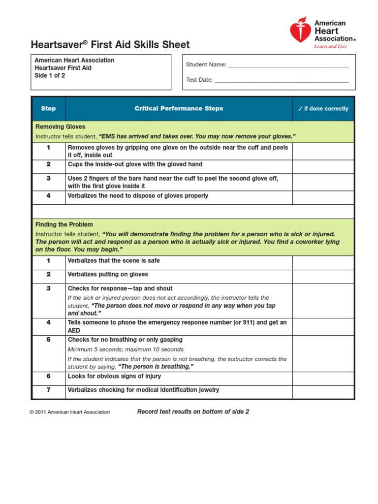 Heart Saver Firstaid Skills Sheet | PDF | First Aid | Medical Specialties