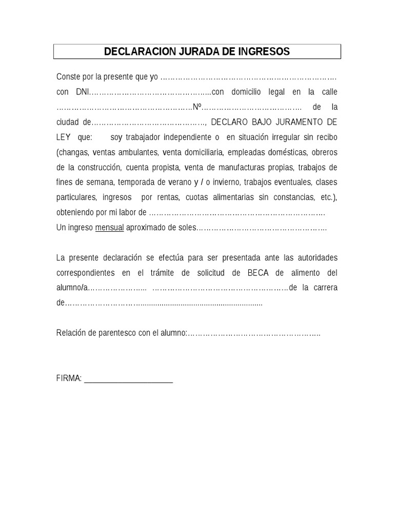 Modelo de Declaración Jurada de Ingresos | PDF | Ciencias sociales ...