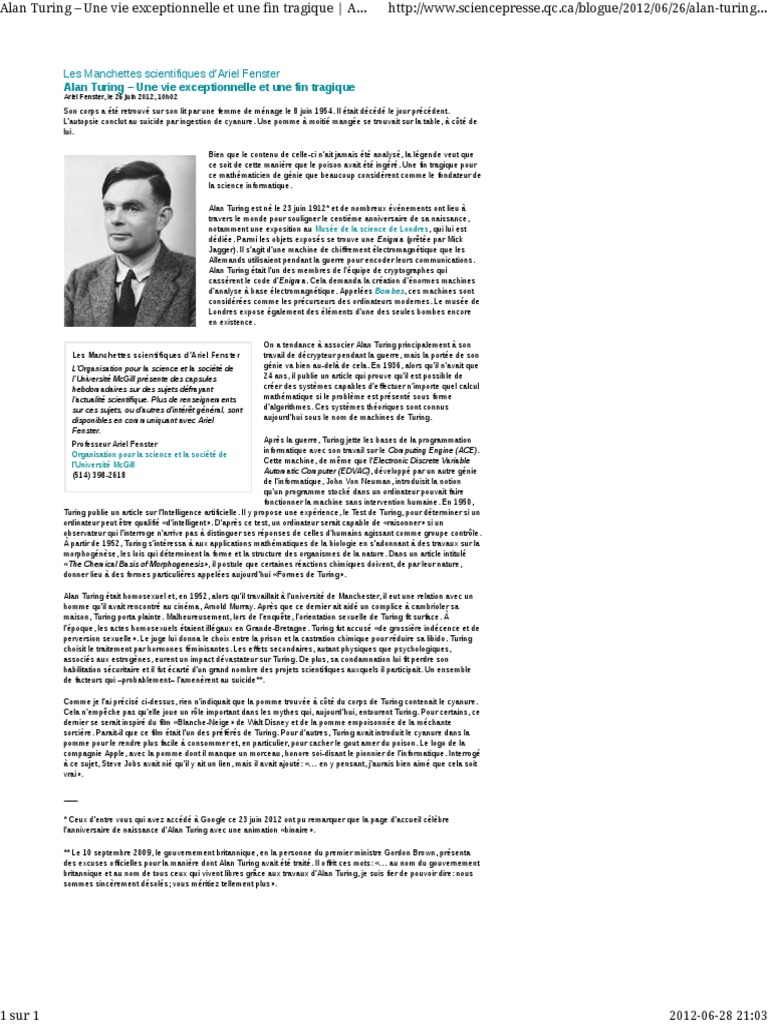 Alan Turing : Génie et Tragédie | PDF | Alan Turing | Informatique