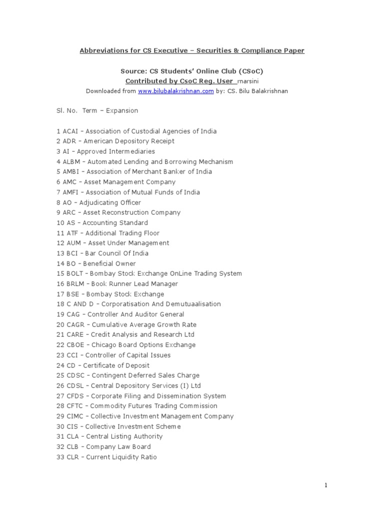 Abbreviations For CS Executive PDF Notes (Finance) Currency