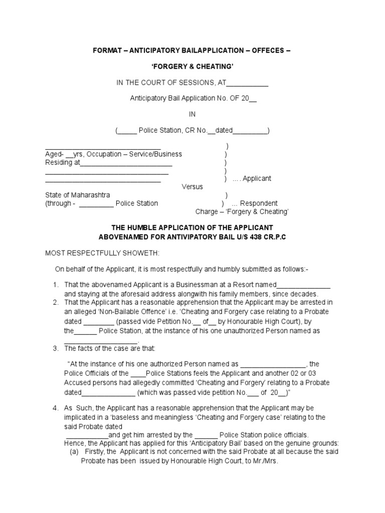 Format - Anticipatory Bail Application Offence Forgery Chetaing | PDF ...