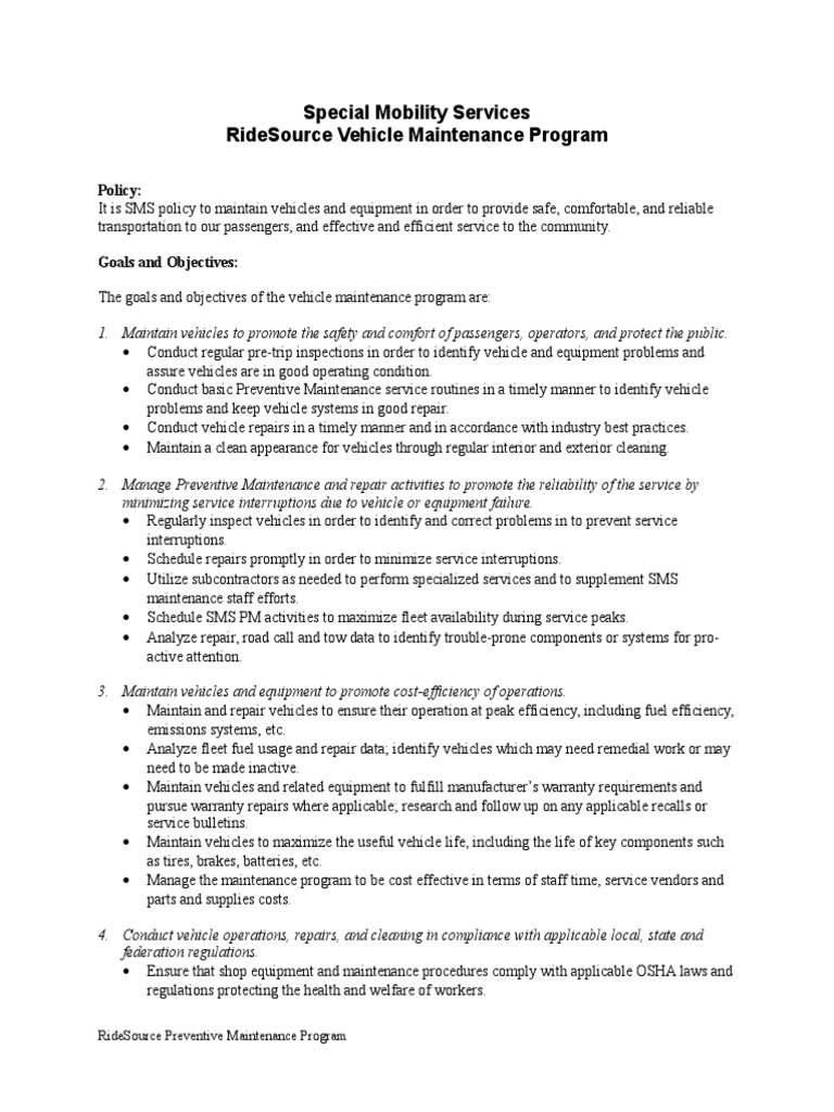 RideSource Vehicle Maintenance Policy | PDF | Vehicles | Suspension ...