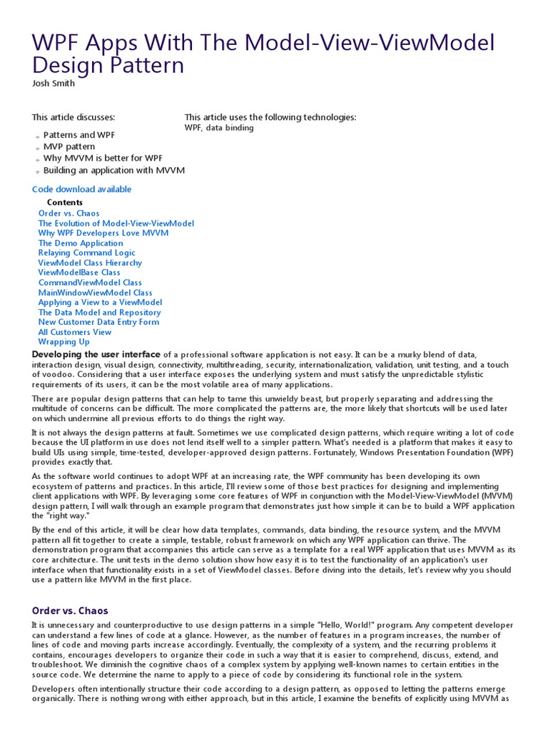 The Model-View-Viewmodel (MVVM) Design Pattern For WPF | PDF | Windows ...