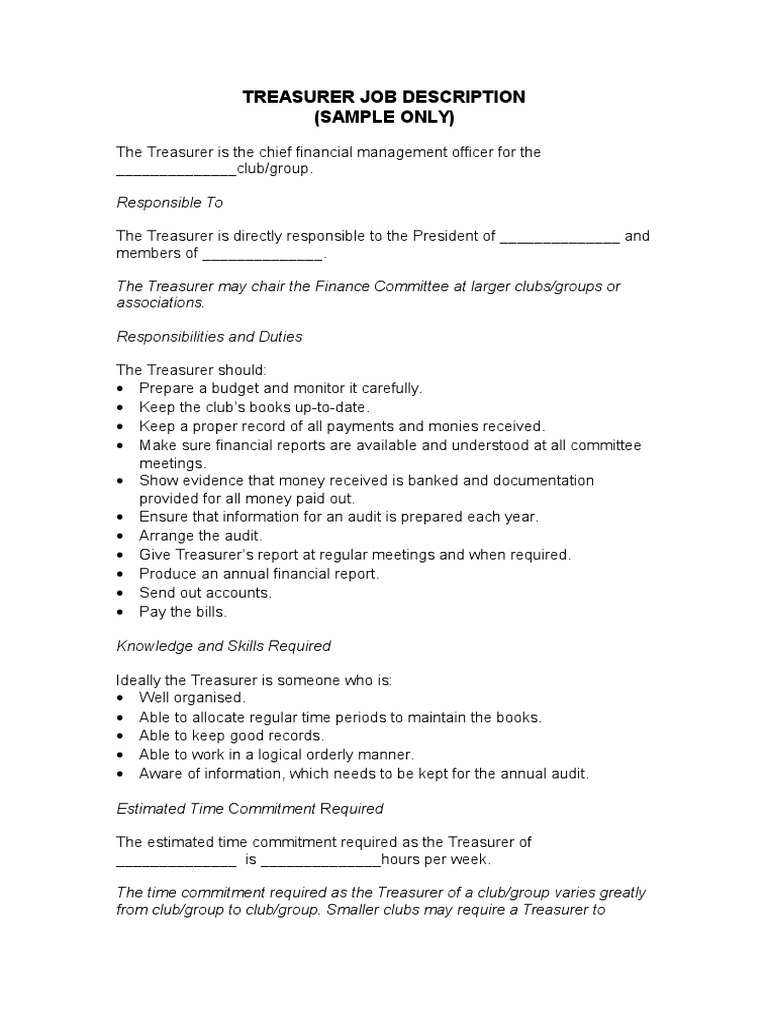 Treasurer Job Description | PDF