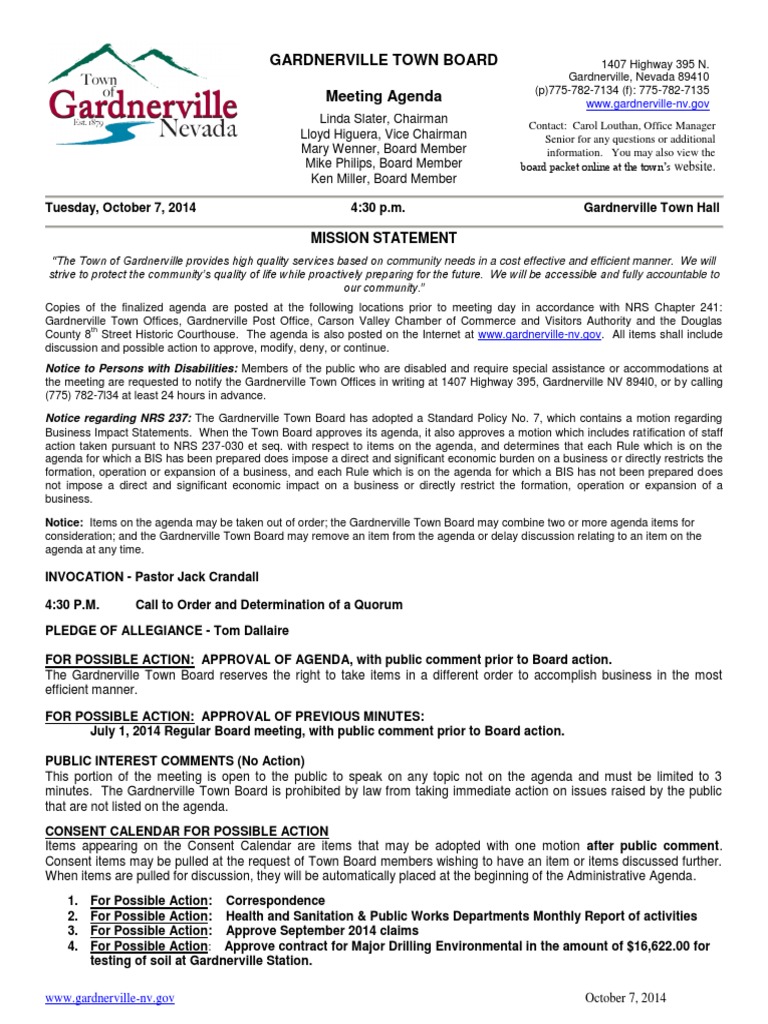 Gardnerville Town Board Agenda Oct. 7, 2014 PDF Agenda (Meeting) Board Of Directors