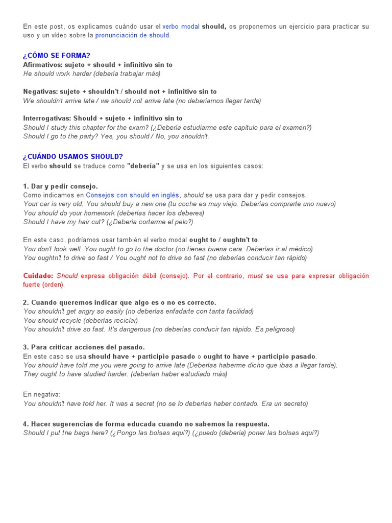 Uso del verbo modal "should" en inglés | PDF | Crecimiento personal y ...