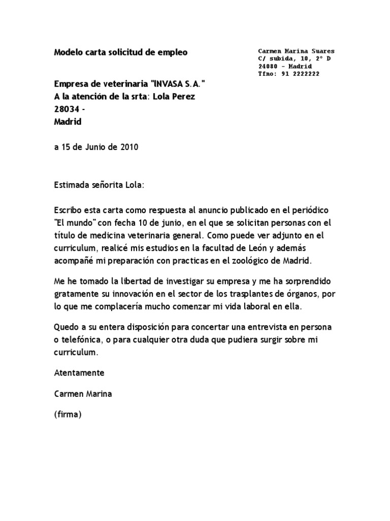 Modelo Carta Solicitud De Empleodocx