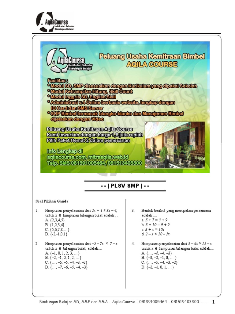 Soal Matematika Smp Sistem Persamaan Linier Satu Variabel Plsv Pdf