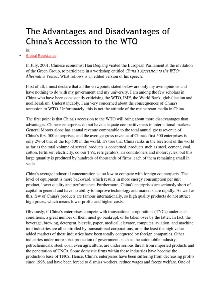 The Advantages and Disadvantages of China's Accession To The WTO PDF