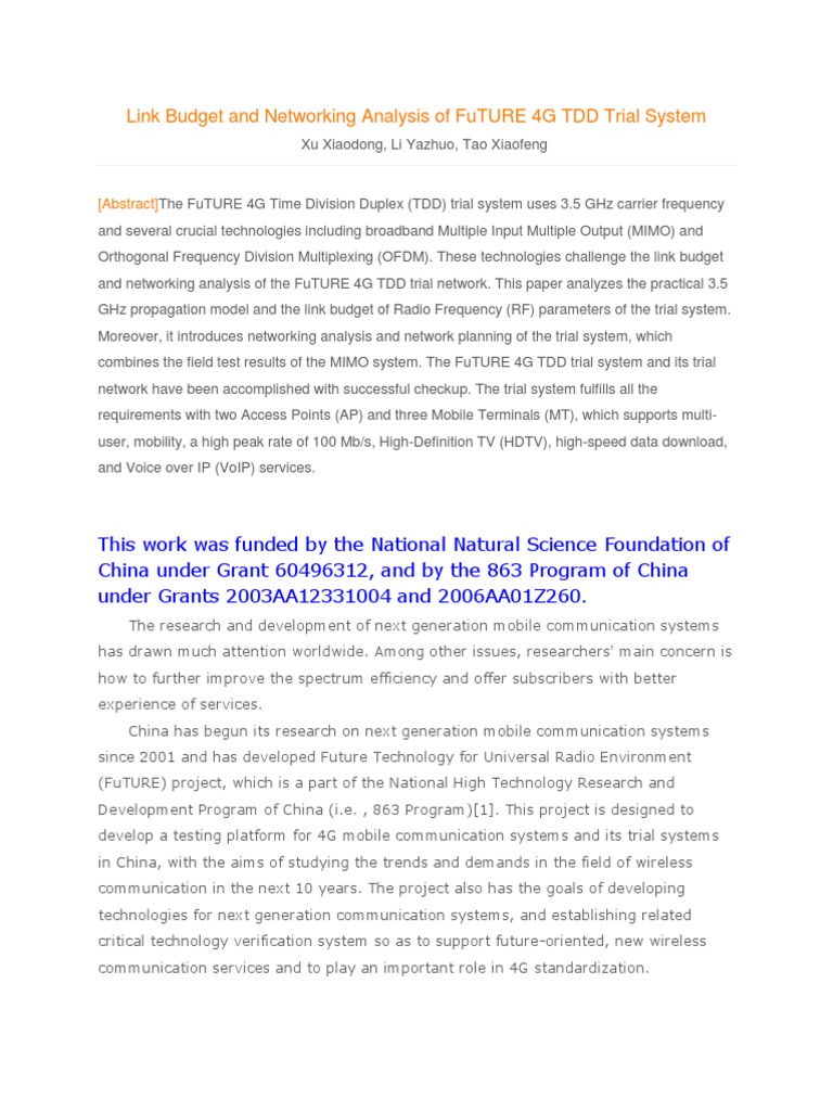Link Budget and Networking Analysis of FuTURE 4G TDD Trial System | PDF ...