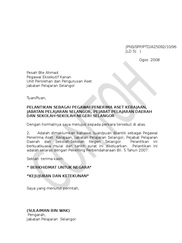 Contoh Surat Perlantikan Kerajaan