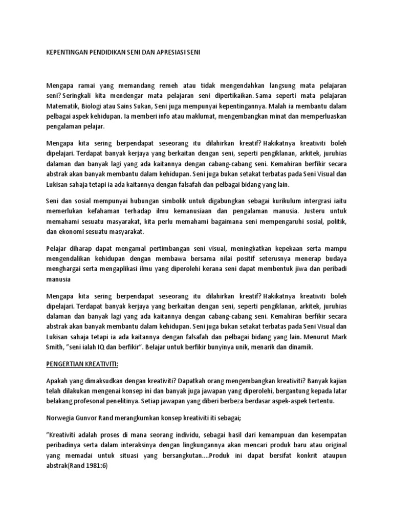 Kepentingan Pendidikan Seni Dan Apresiasi Seni Pdf
