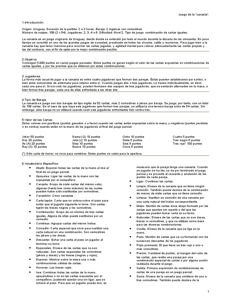 Reglas completas del juego de cartas uruguayo de la "canasta PDF