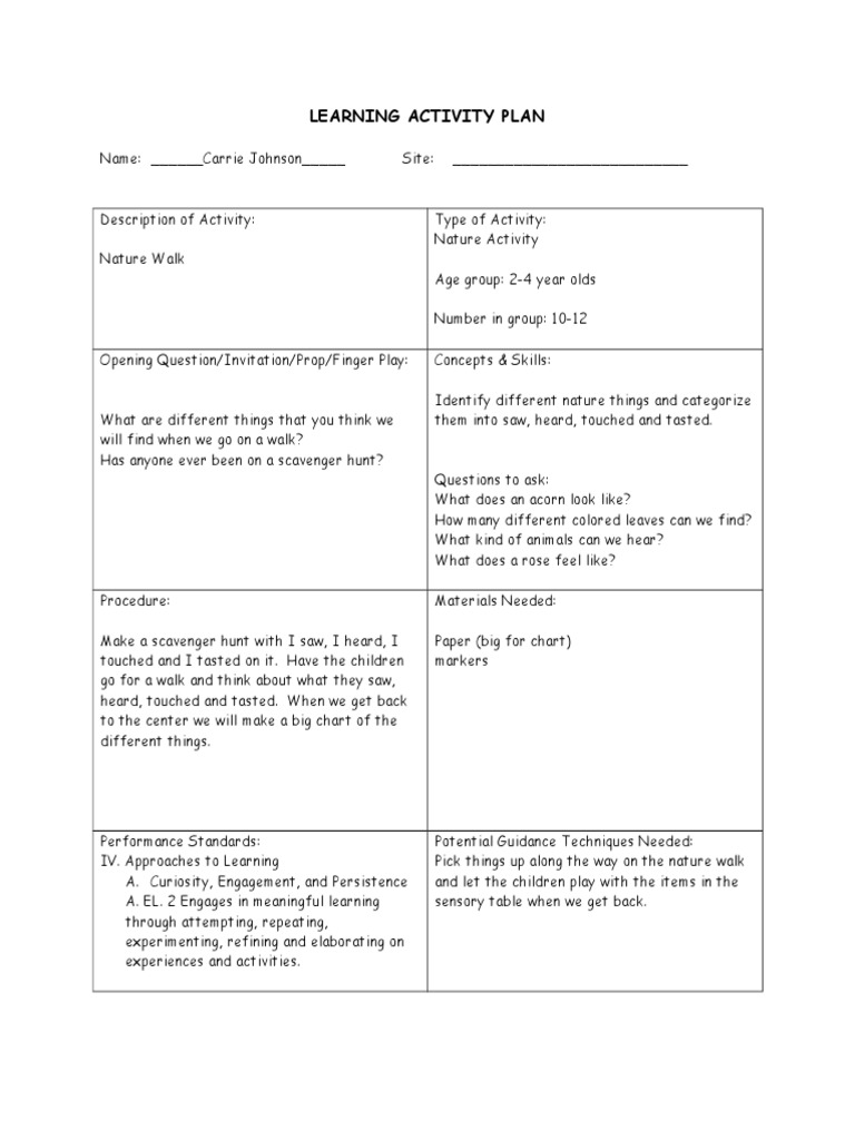 Nature Walk Activity Plan for Toddlers | PDF | Social Science | Foreign ...