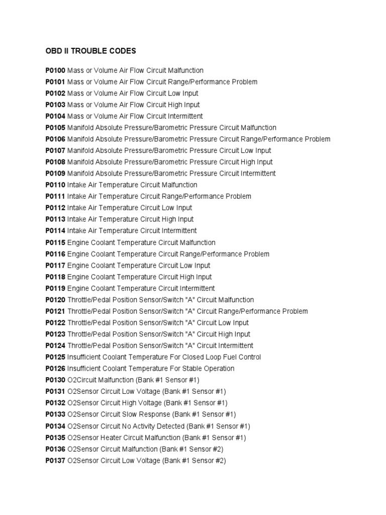 OBD II Trouble Codes PDF Throttle Fuel Injection