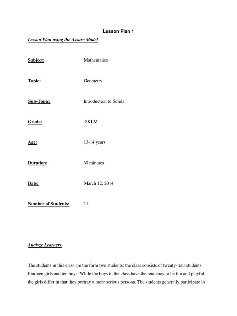 Lesson Plan 1 Assure Model | PDF | Teachers | Lesson Plan