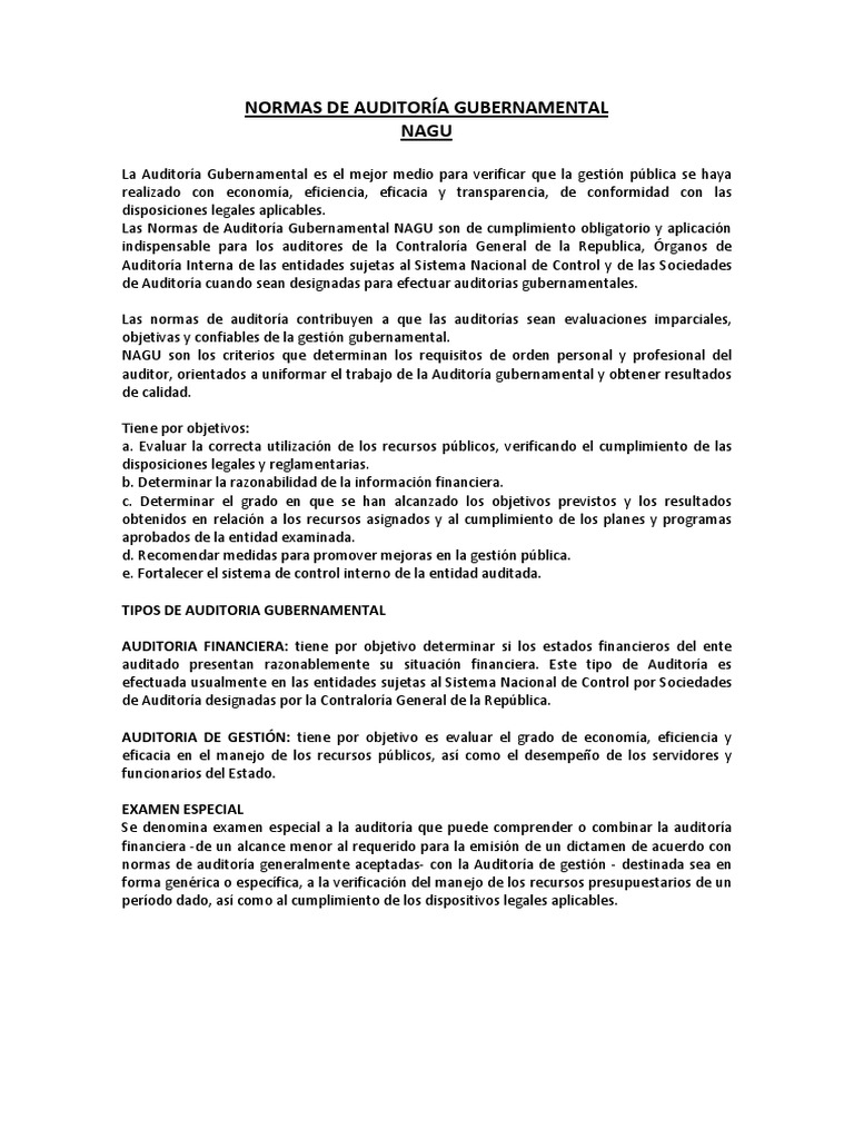 Normas de Auditoría Gubernamental NAGU | PDF | Contralor | Auditoría ...