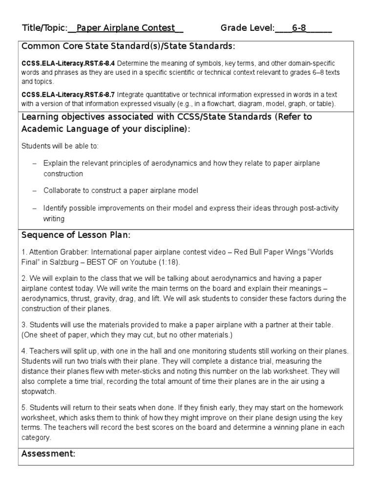 Physics Paper Airplane Lesson Plan | Lesson Plan | Education Theory