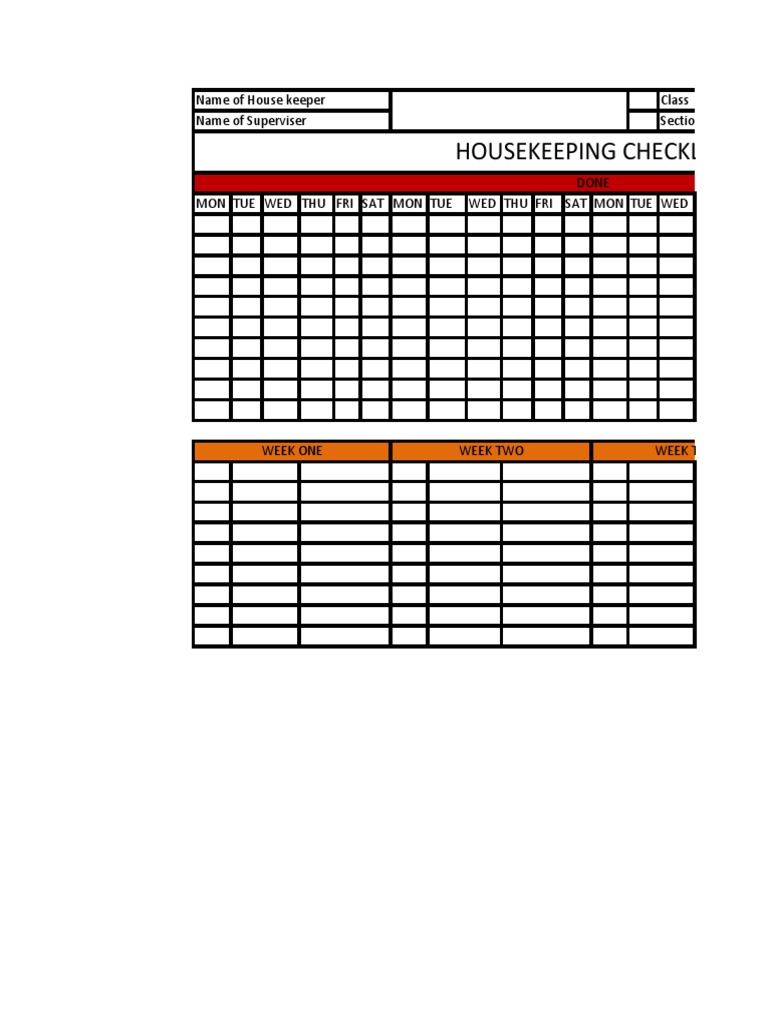 Housekeeping Checklist: Name of House keeper Name of ...